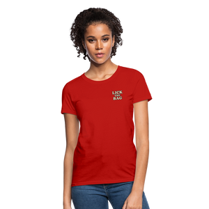 Women’s “Lick The Bag” Text Logo Tee - red