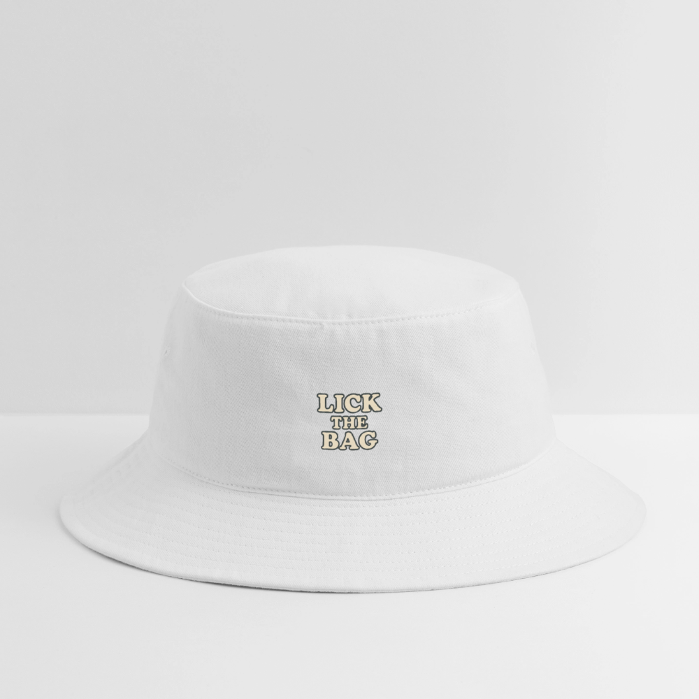 “Lick The Bag” Bucket Hat w/ Text Logo - white