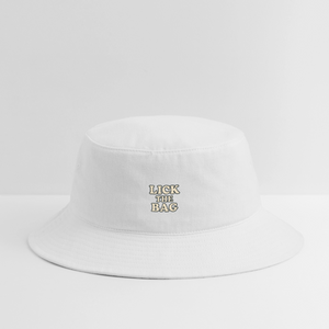 “Lick The Bag” Bucket Hat w/ Text Logo - white