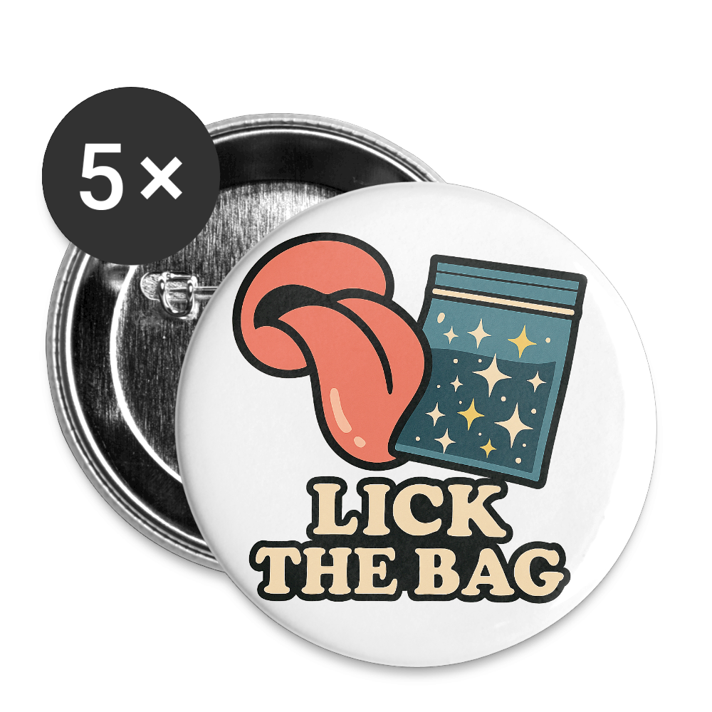 Lick the Bag Buttons small 1'' (5-pack - w/ image) - white
