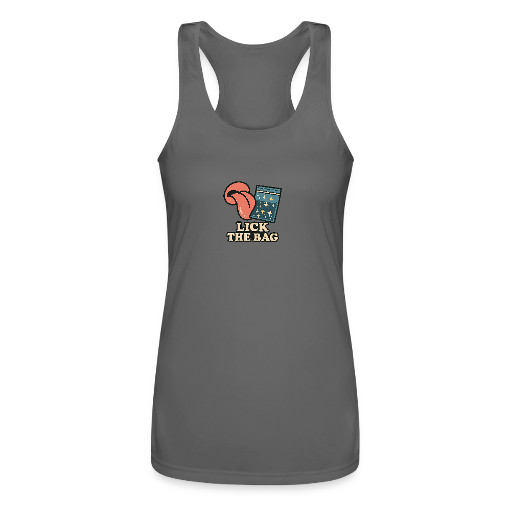 Women’s “Lick The Bag” Performance Racerback Tank - Image - charcoal