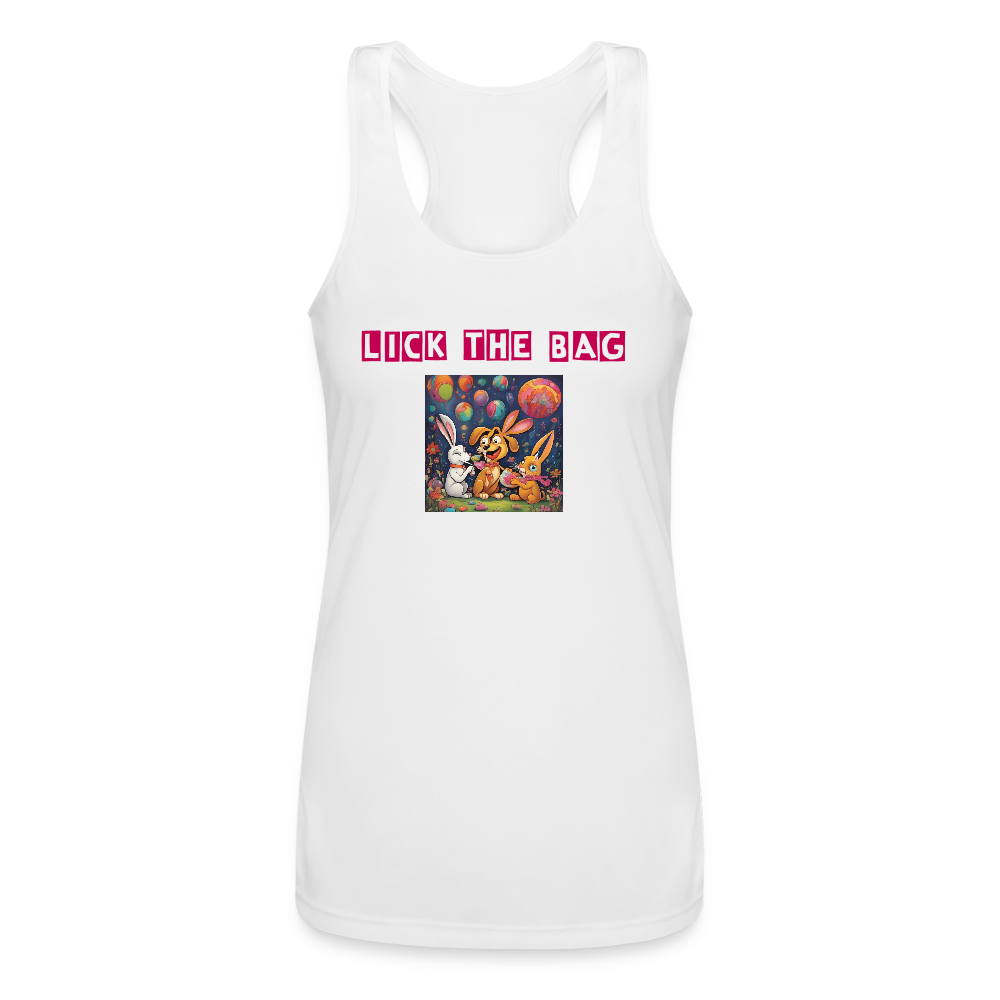 Women’s “Lick The Bag” Performance Racerback Tank - Bunny - white