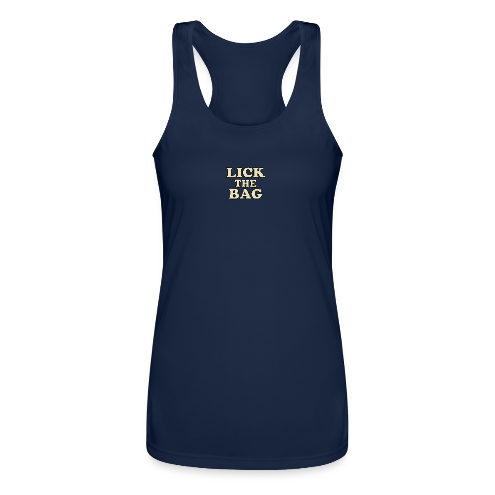 Women’s “Lick The Bag” Performance Racerback Tank - Text Only - navy