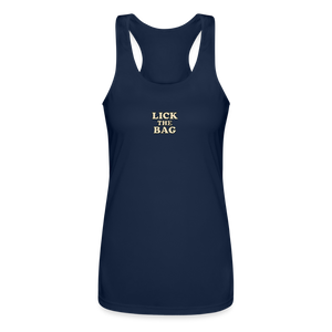 Women’s “Lick The Bag” Performance Racerback Tank - Text Only - navy