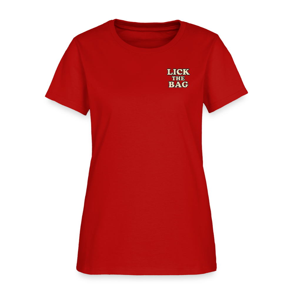 Women’s “Lick The Bag” Text Logo Tee - red