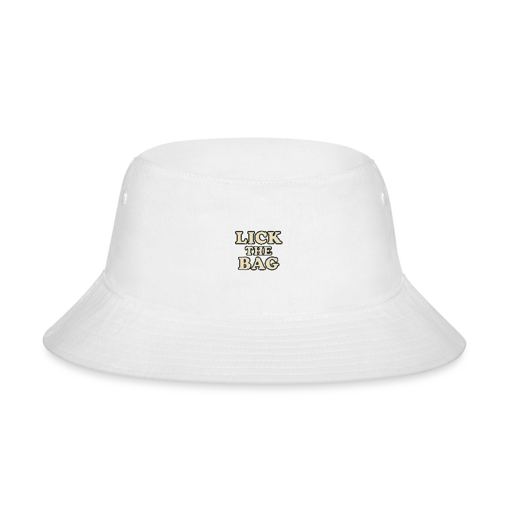 “Lick The Bag” Bucket Hat w/ Text Logo - white