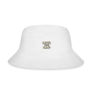 “Lick The Bag” Bucket Hat w/ Text Logo - white