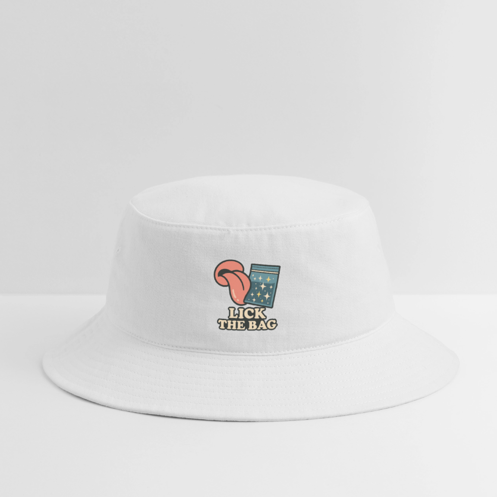 “Lick The Bag” Bucket Hat w/ Image - white