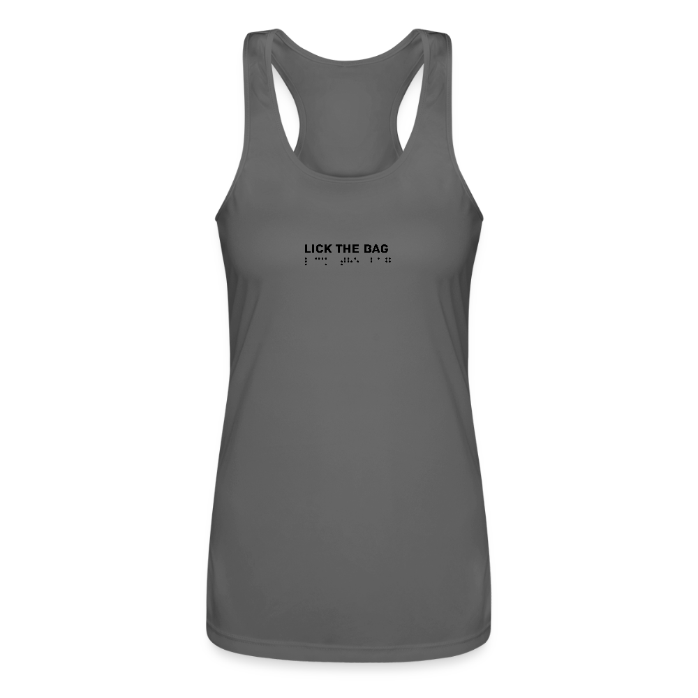 Women’s “Lick The Bag” Performance Racerback Tank - Brail - charcoal
