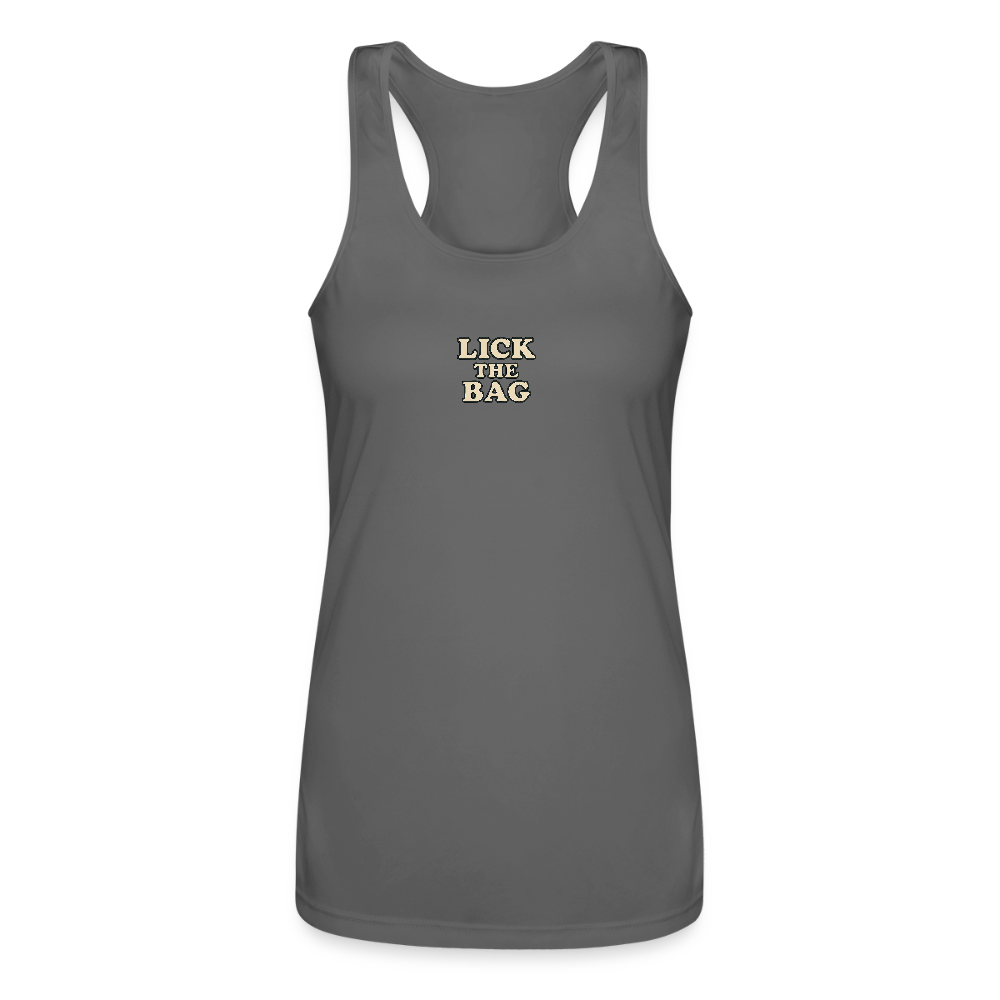 Women’s “Lick The Bag” Performance Racerback Tank - Text Only - charcoal