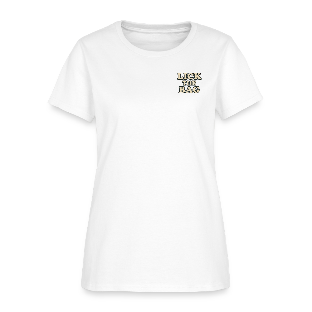 Women’s “Lick The Bag” Text Logo Tee - white