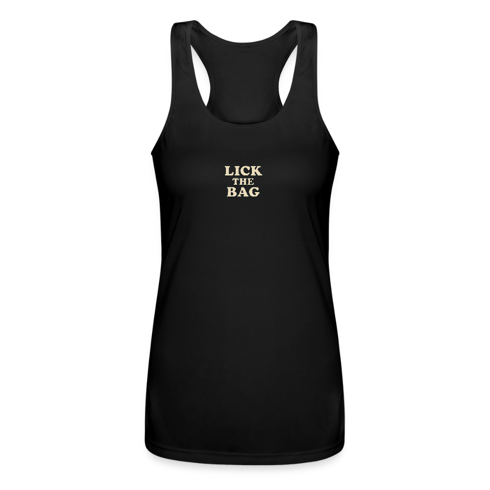 Women’s “Lick The Bag” Performance Racerback Tank - Text Only - black