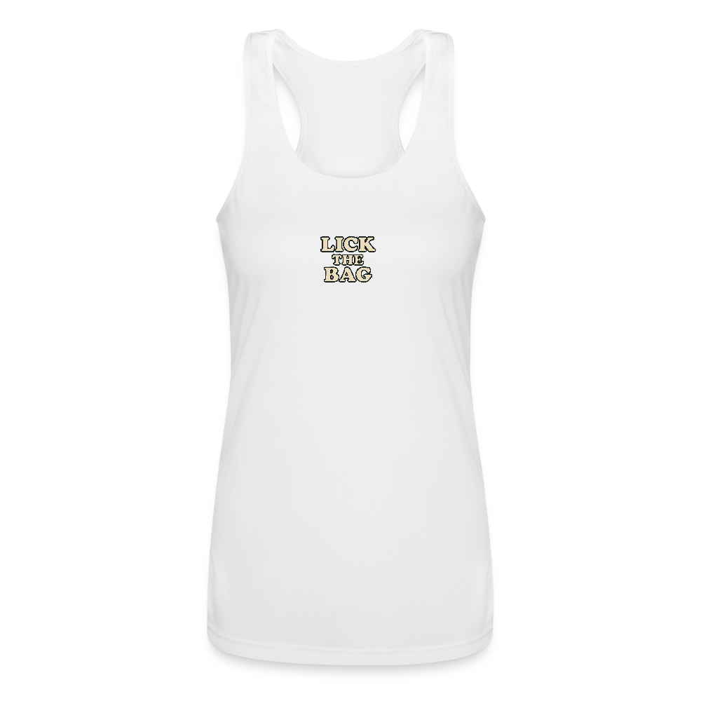 Women’s “Lick The Bag” Performance Racerback Tank - Text Only - white