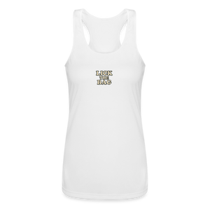 Women’s “Lick The Bag” Performance Racerback Tank - Text Only - white