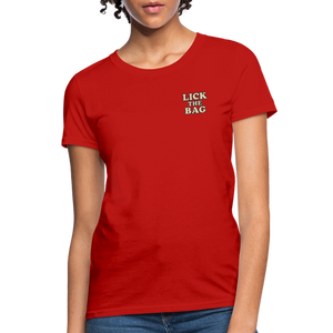 Women’s “Lick The Bag” Text Logo Tee - red
