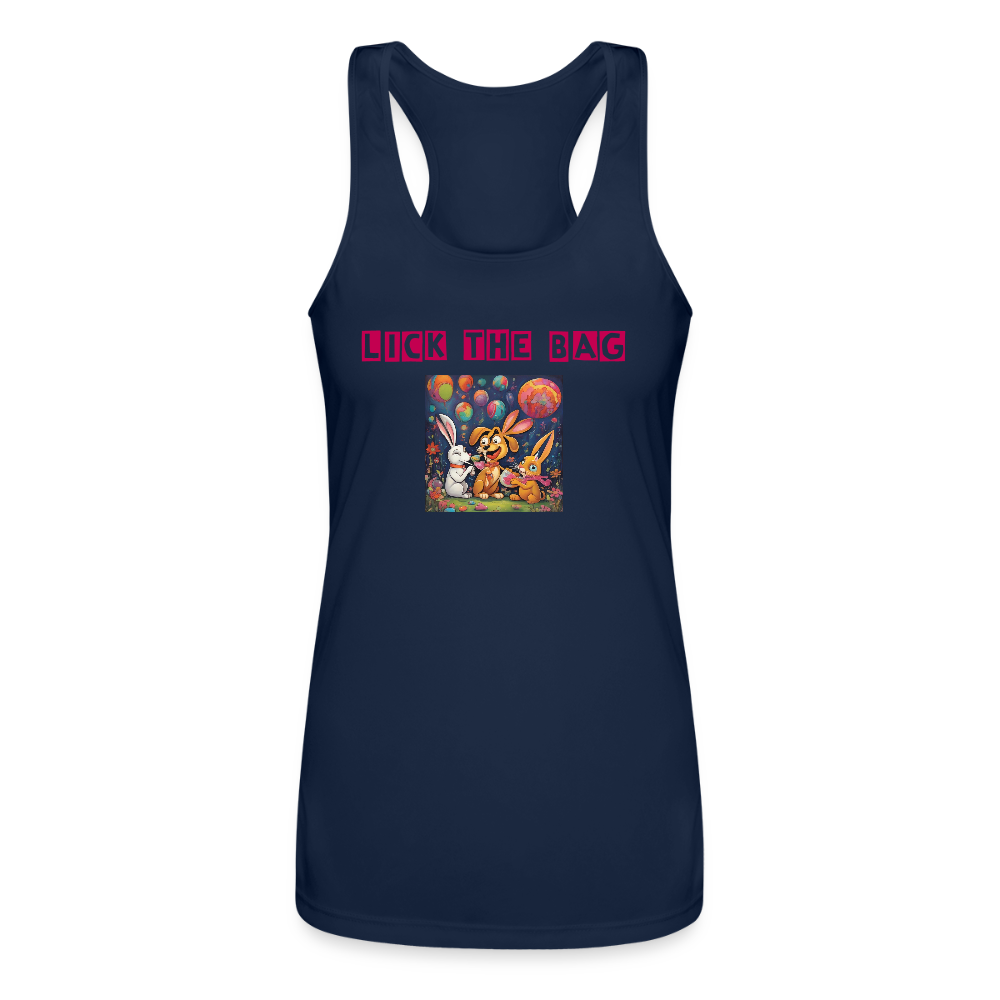 Women’s “Lick The Bag” Performance Racerback Tank - Bunny - navy